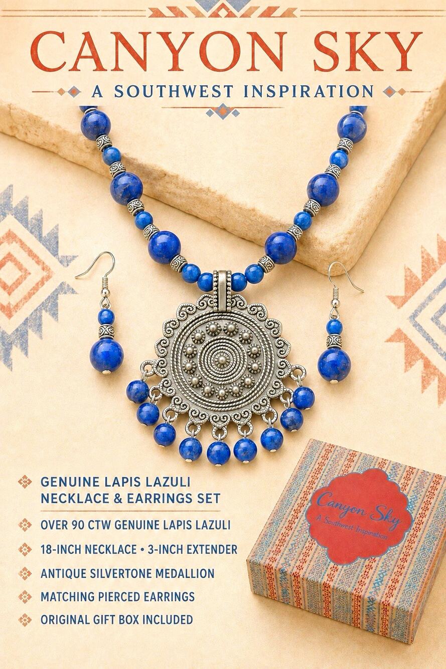 Canyon Sky Southwestern Lapis Lazuli Silvertone Medallion Necklace & Earrings
